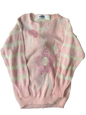 VTG 80s Mariea Kim Sequin Floral Striped Oversized Sweater Cottagecore Womens S